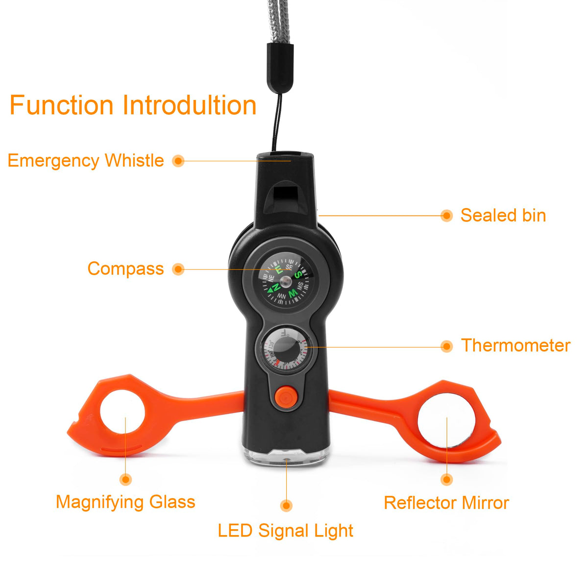 binboll Emergency Survival Function Whistle, Outdoor Multifunctional Tool Safety Whistle with Lanyard, Ideal for Kayaking, Boating, Hiking, Camping, Climbing, Hunting, Fishing (Orange&Black)