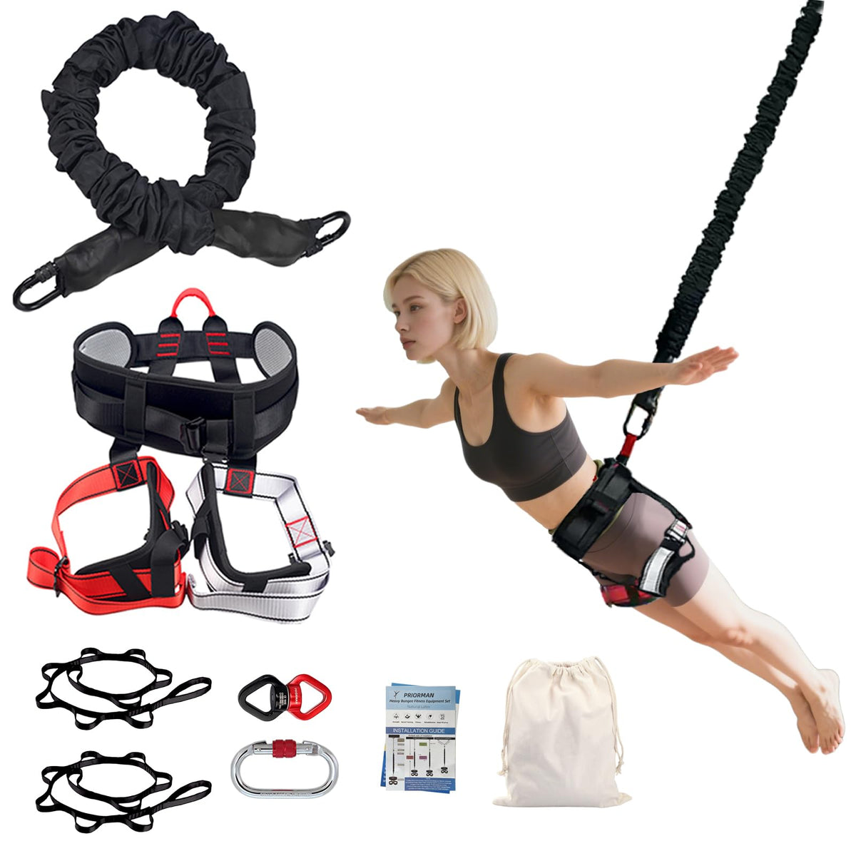 PRIORMAN Professional Bungee Dance Fitness Kit, 6 Sizes, CE Certified Complete Harness Set with Resistance Band & Hanging Hardware for Suspension Training Home & Studio(S)