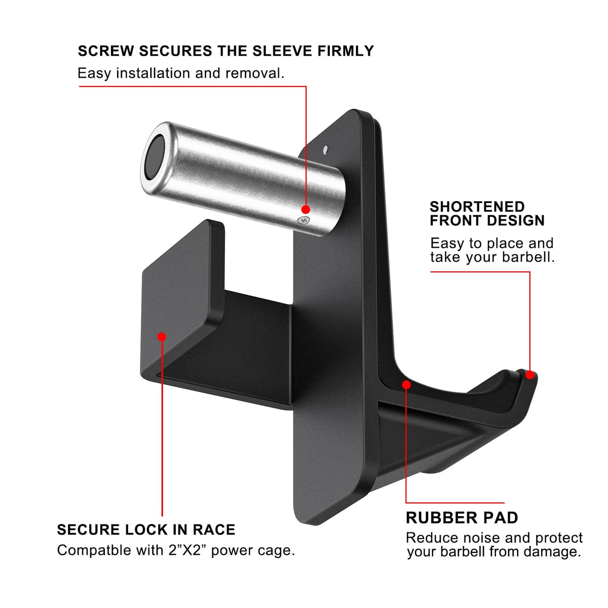 Kipika Safety Spotter Arms and J-Hooks for 2" x 2" Power Racks with 5/8" or 1" Hole - Heavy Duty Barbell Holders and Catches with Rubber Pads - Power Rack Attachments for Squat, Bench Press and More