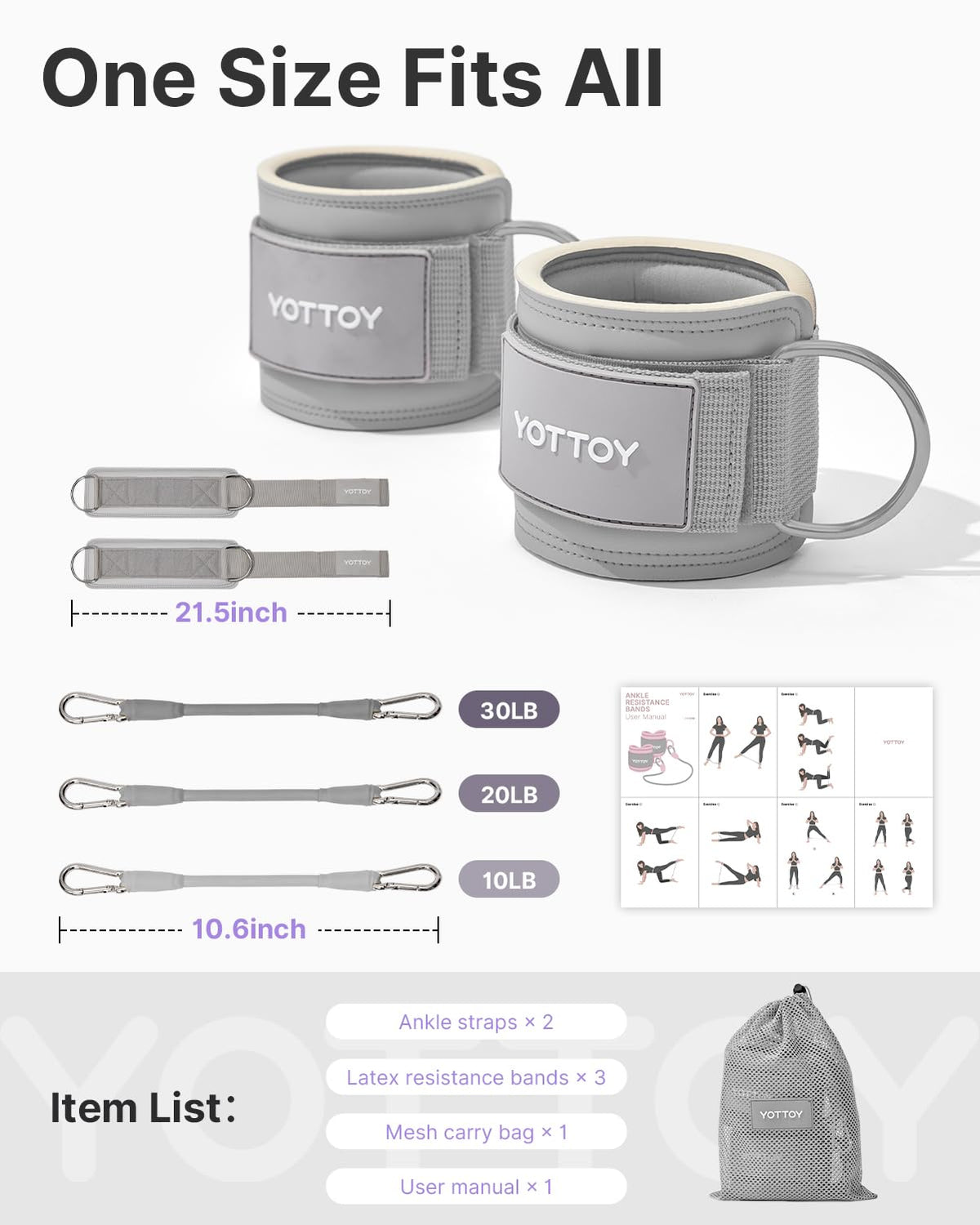 YOTTOY Ankle Resistance Bands with Cuffs, Adjustable Ankle Straps for Leg & Glute Workout, Butt Exercise Bands for Cable Machines Women, Perfect for Hip Fitness & Booty Training (Grey)