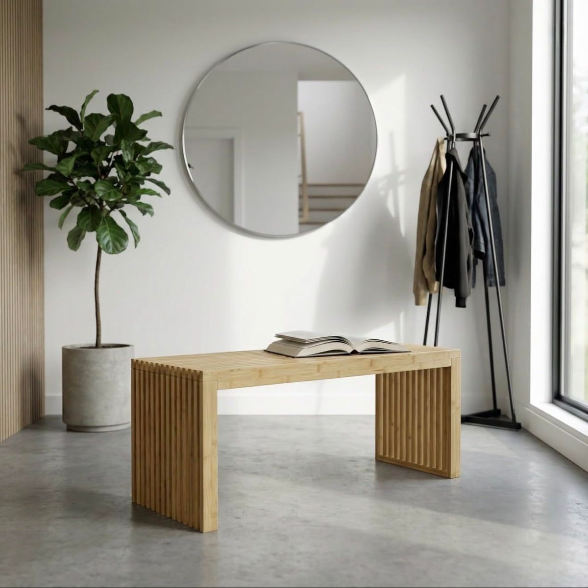 Bamboo Natural 36 inch Wooden Bench, Small Wood Benches for Entryway, Living & Dining Room, Kitchen, Bedroom, Bathroom, Hallway, Front Door, For Indoor & Outdoor Patio Use, Mid Century Modern Decor