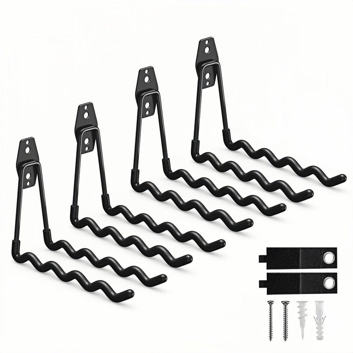 Tebgeag 4 Pack Garage Hooks Heavy Duty with Anti-Slip Coating, Steel Utility Wave Hooks for Hanging Ropes, Bikes, Garden Tools, Hoses and More (Black)