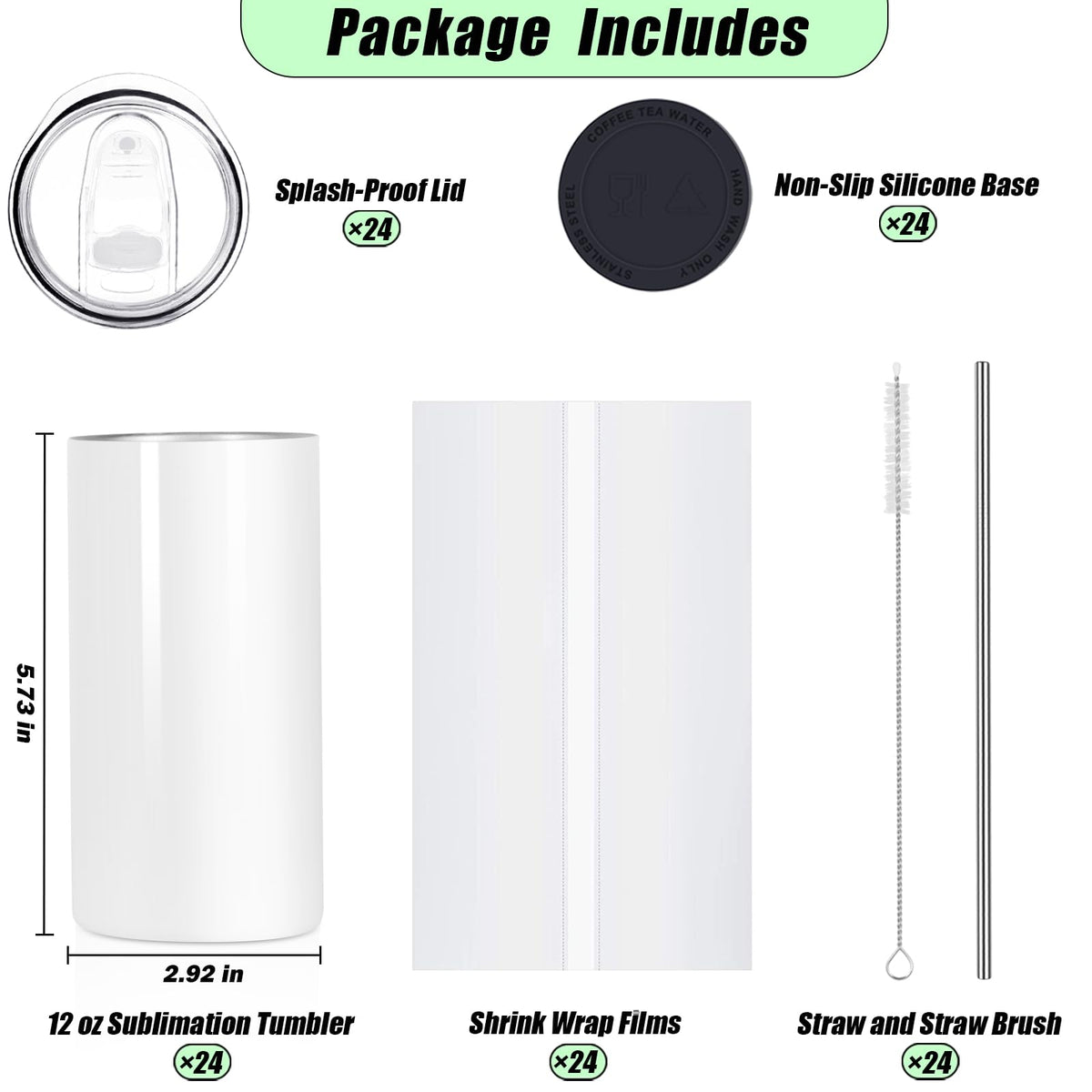 Draheri 12 Oz Sublimation Tumblers Blanks Bulk, Sublimation Cups for Kid with Straw and Brush, Stainless Steel Double Wall Insulated Mugs, Individually Boxed (24 Pack)