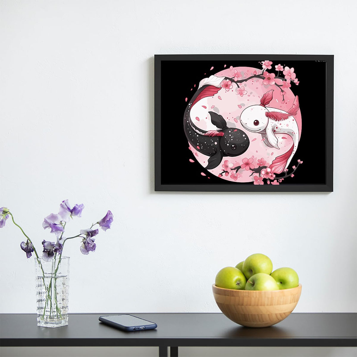 Cute Axolotl Yin and Yang Flowers Diamond Painting Kits for Adults 5D Diamond Art Kit DIY Round Full Drill Art Craft for Home Wall Decor 12x16 inch