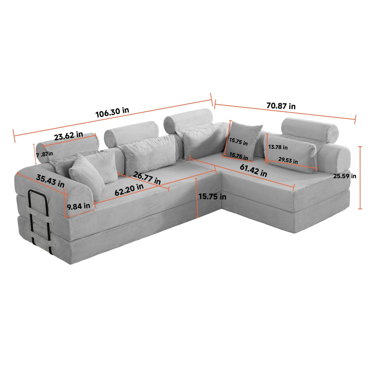 KEIKI 6-in-1 Folding Convertible High Back Sofa Sleeper, 106" Oversized Modular Sectional Corduroy UpholsteredL Shape Couches for Living Room, High-Density Foam Chaise Lounge Indoor, Light Gray