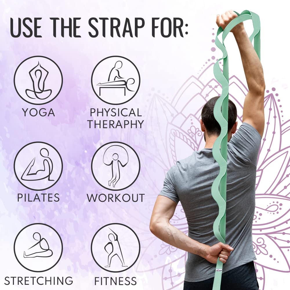 [NEW 2023] TECEUM Yoga Stretching Strap 10 Loops Non-Elastic Strap - Home Workout Stretch Strap for Physical Therapy, Yoga, Pilates plpr 1.5 in LtG