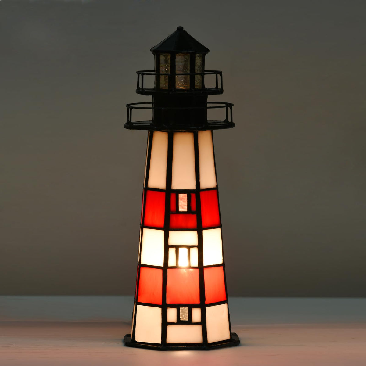 HomeBeauty A0016 Tiffany Lighthouse Lamp Stained Glass Accent Table lamp Night Light for Home Decoration, Bulb Included (RED)