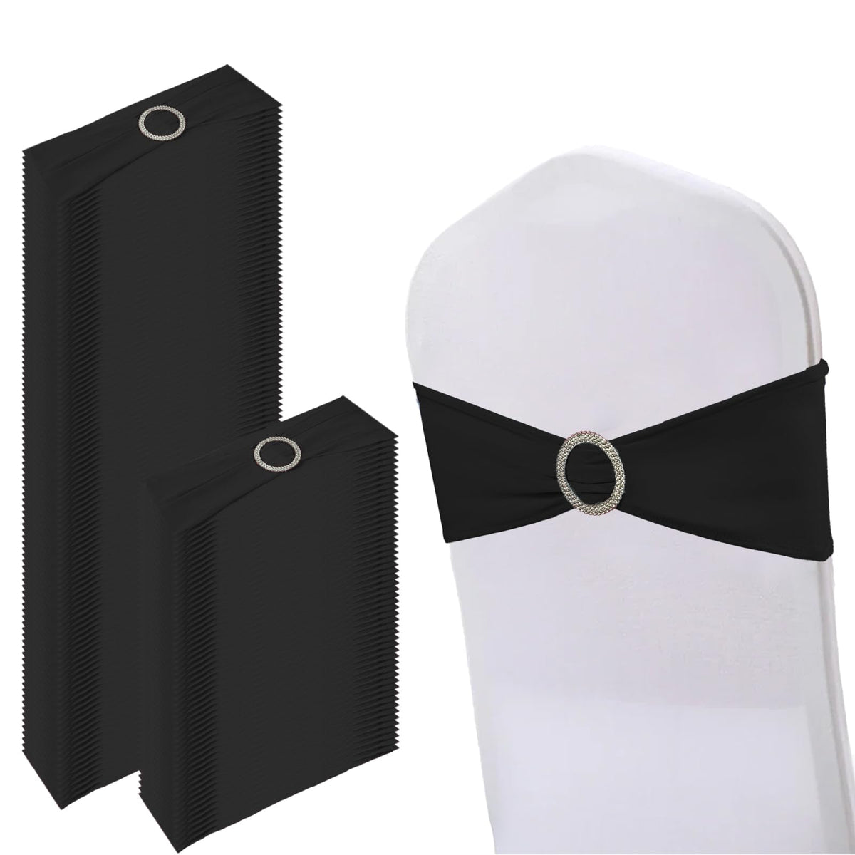150 Pack Spandex Stretch Chair Sashes Bows, Elastic Stretch Chair Cover Bands Ties with Buckle Slider for Wedding Party Ceremony Reception Event Banquet Decoration (Black)