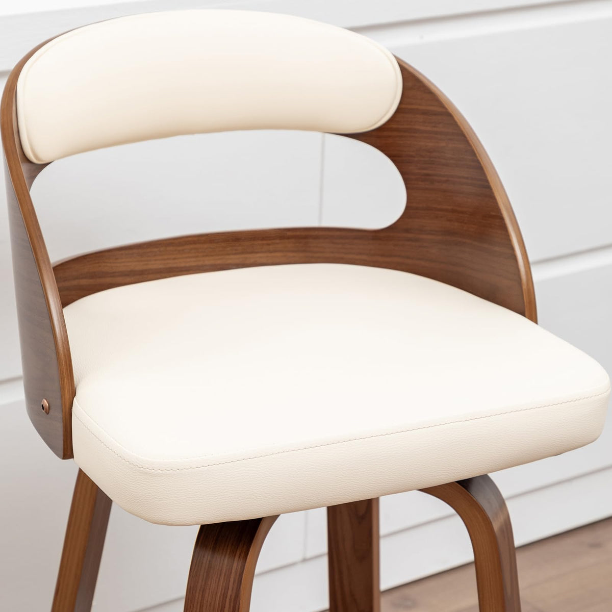 Mid Century Modern Counter Height Bar Stools Set of 2, 360° Swivel Counter Stools with Bentwood Walnut Frame, Upholstered Faux Leather Seat, Curved Back Kitchen Island Chairs, 25" Seat Height, Beige