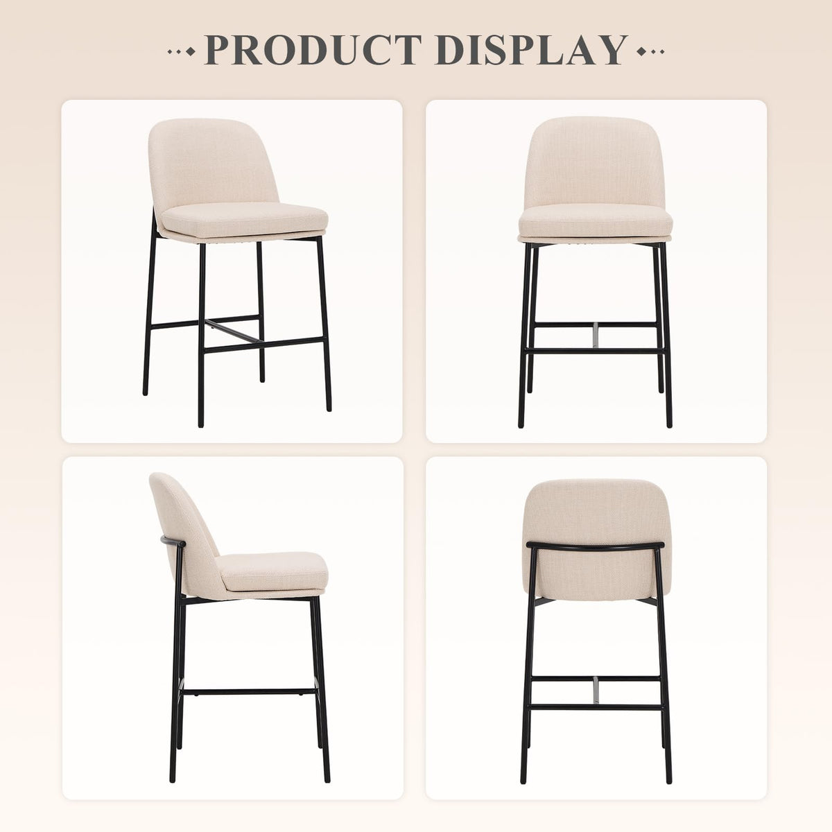 MALOL Bar Stools Set of 4, Modern Upholstered Counter Height Bar Chairs with Cushioned Seat and Curved Back, Fabric Kitchen Island Stools with Sturdy Metal Legs for Dining Room Island Bar, Beige