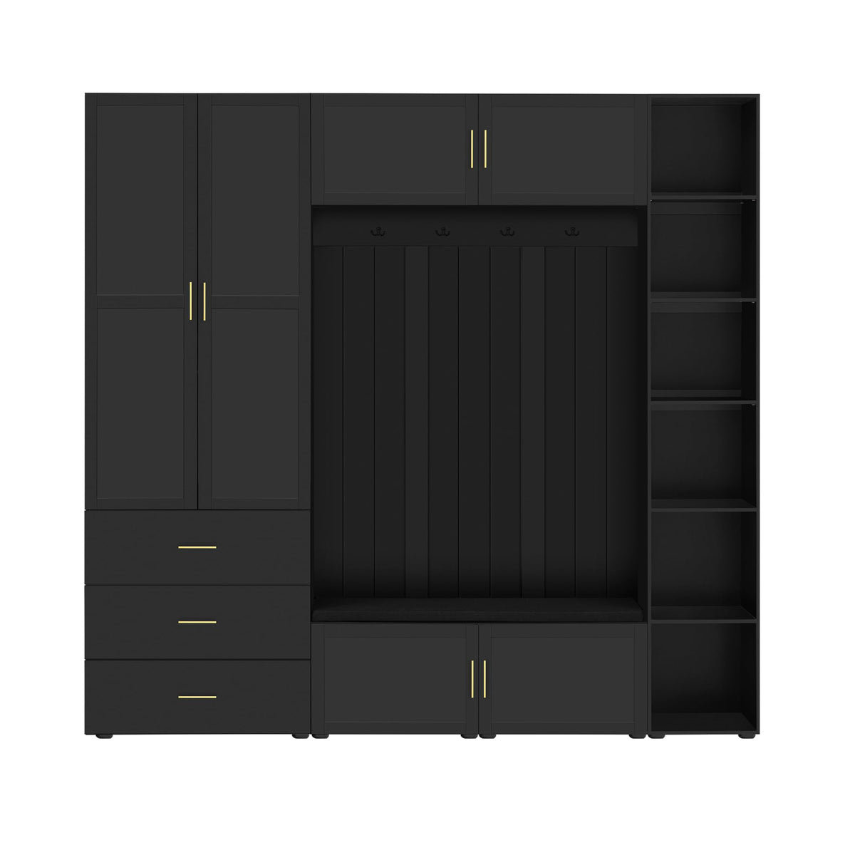 Amposei 94.49’’W Extra Large Hall Tree Cabinet with 6 Doors & 3 Drawers, Tall Entryway Organizer Shoe Storage Bench with 4 Coat Hooks & 6 Open Cubbies for Hallway Mudroom Living Room, Black