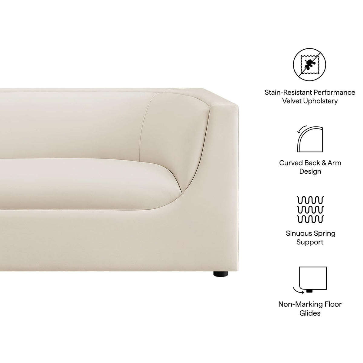 Modway Hilda 86 Inch Modern Curved Back Performance Velvet Sofa in Alabaster – Plush Upholstered 3-Seat Couch for Living Room, Apartment, Office