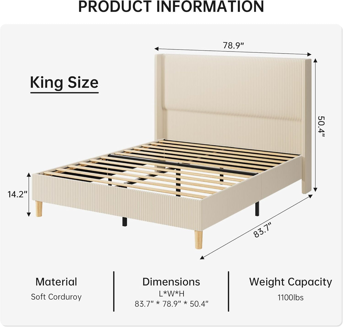 IDEALHOUSE King Size Upholstered Bed Frame with Channel Tufted Wingback Headboard, Wooden Slat Support, Noise-Minimizing Design, No Box Spring Needed, Beige