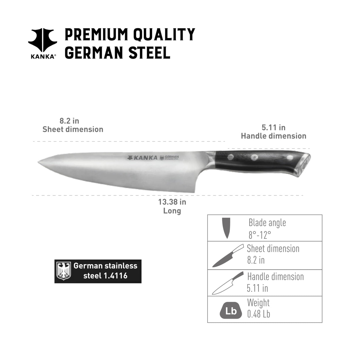 KANKA Professional 8 inch Chef Knife – High Grade 1.4116 Stainless Steel, Ultra-Premium G-10 Fiberglass Handle, Premium Wood Sheath Included – Essential Kitchen Knife for Chefs