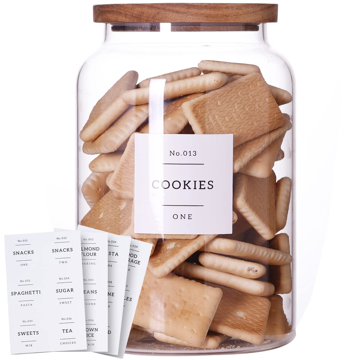 1 Gallon Large Glass Cookie jar with Airtight Acacia lids - Thicken Big Food Storage Containers with 42 Kitchen Waterproof Pantry Labels Preprinted - Clear Glass Canister for Flour, Rice, Coffee