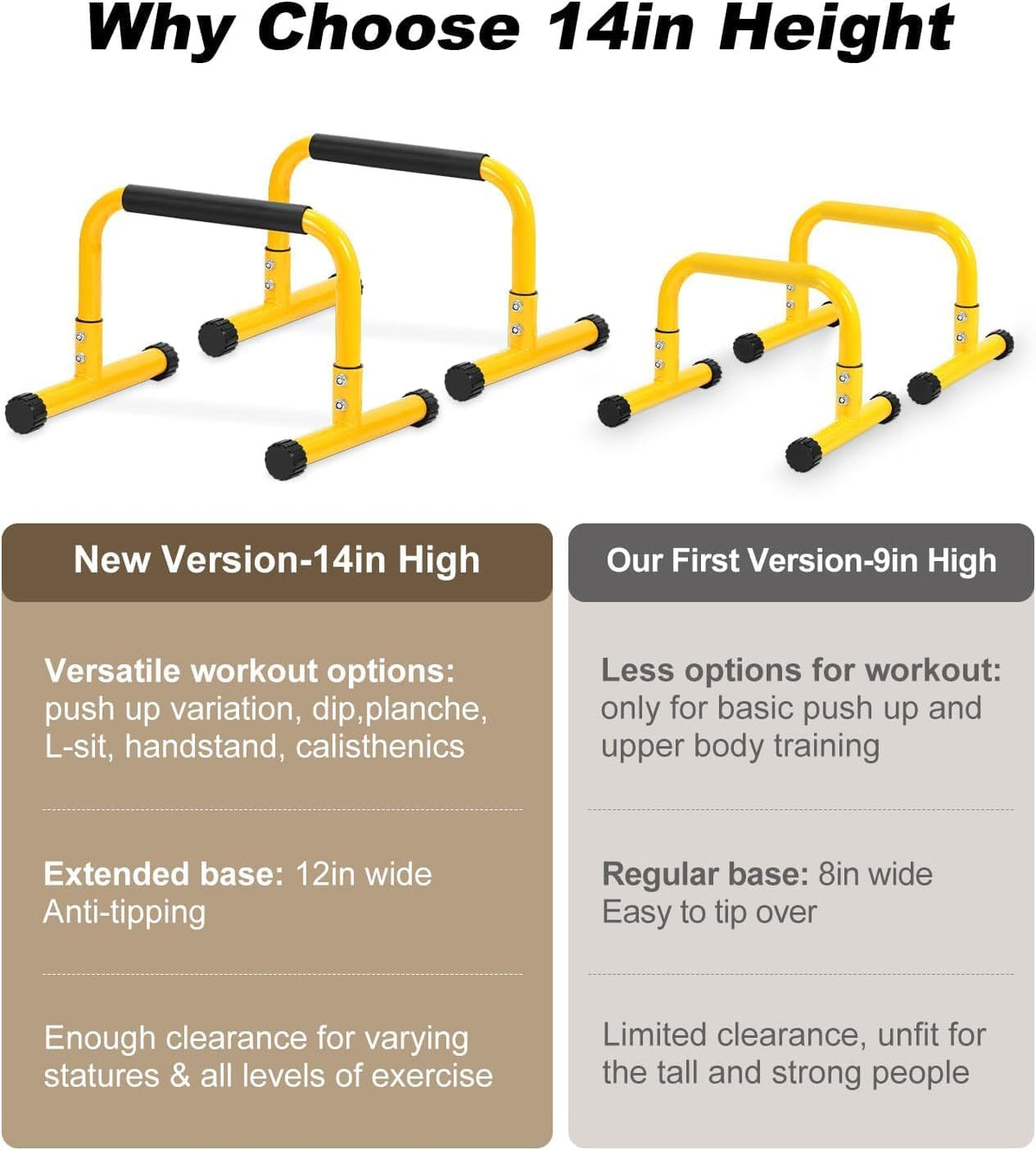 TABEKE Push Up Bar, 14'' High Steel Parallettes & Dip Bar with Full Coverage Foam Handle, Heavy-Duty Calisthenics Parallel Bars for L-Sit, Dips, Home Gym Strength Training Workout (Yellow)