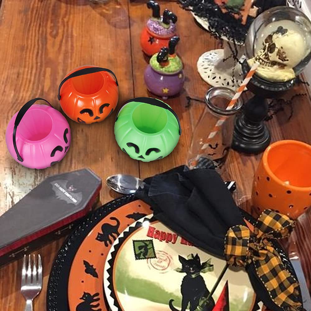 PTYQU Mini Halloween Pumpkin Bucket Orange&Green&Pink Plastic Halloween Witches Cauldron Kettle Multi-Purposed Novelty Candy Holder Decor for Halloween Party (12 Pack)