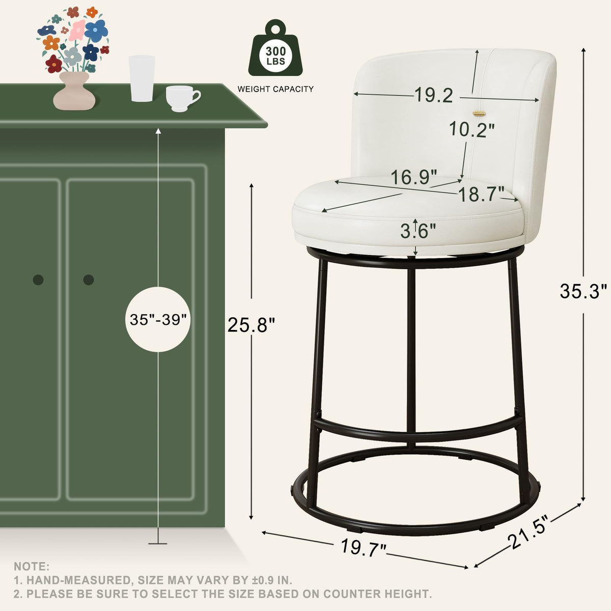 SAECKBERG Swivel Counter Height Bar Stools Set of 4, 26" H Modern Bar Stools for Kitchen Island Counter, Upholstered Barstools with Backs, Counter Height Chairs （White, Faux Leather）