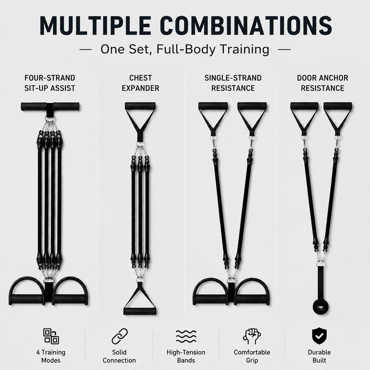 100LB Pedal Resistance Band with Handle, Portable Adjustable Tension Rope, Heavy Duty 4-Tube Full Body Exercise Equipment Set for Home Workout