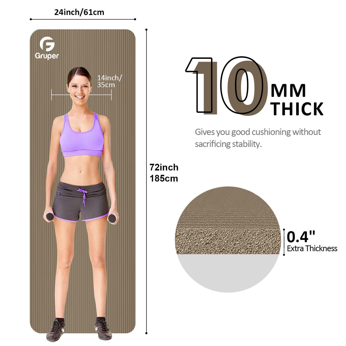 Gruper Thick Yoga Mat Non Slip, Large Size 72" L x 32" W x 0.6" TH, Premium Exercise & Fitness Mat with Carrying Strap and Bag, Workout Mats for Home (Brown, 72 * 24 * 0.4 Inches)