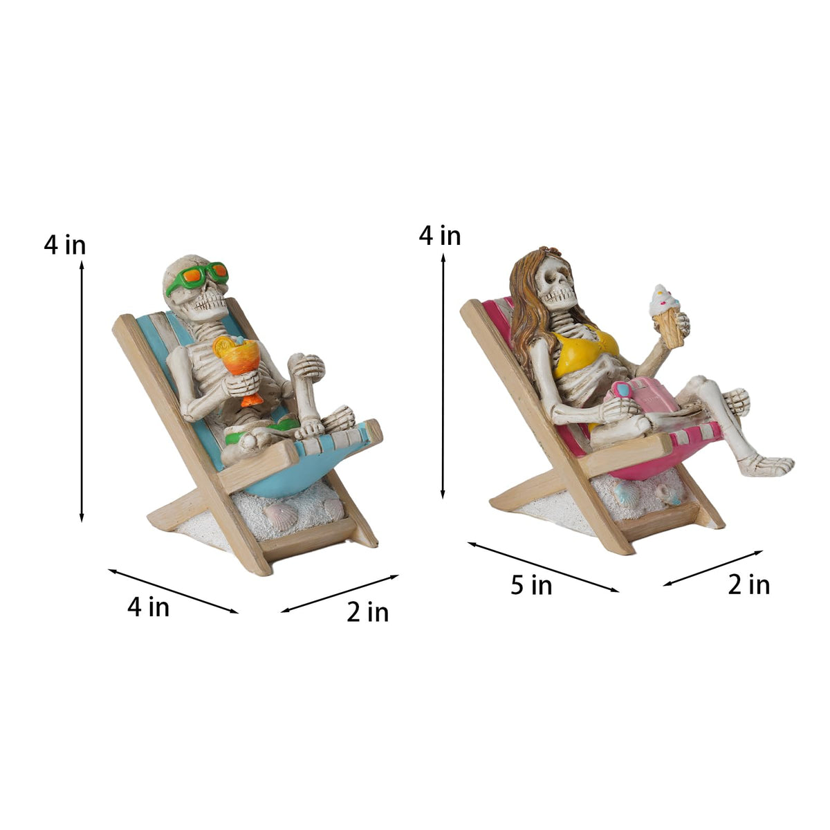 Summerween Skeleton Summer Decor - Resin Set of 2 Skeletons Summer Decorations for Home Tropical Themed Collectible Figurines for Beach Halloween Party & Home Decor Accents 2 x 4 x 4 Inches DiliComing