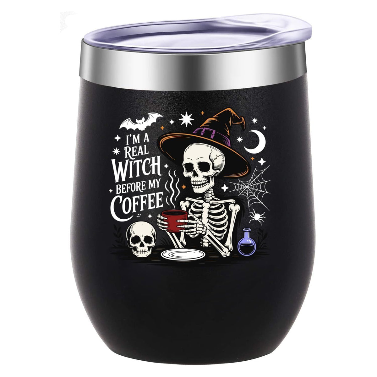ATHAND Halloween Witch Wine Tumbler,12 Oz Insulated Stainless Steel Iced Coffee Tumbler with Lid,Funny Travel Coffee Mug Cup,Halloween Gothic Witchy Gift for Women Girls(Black)