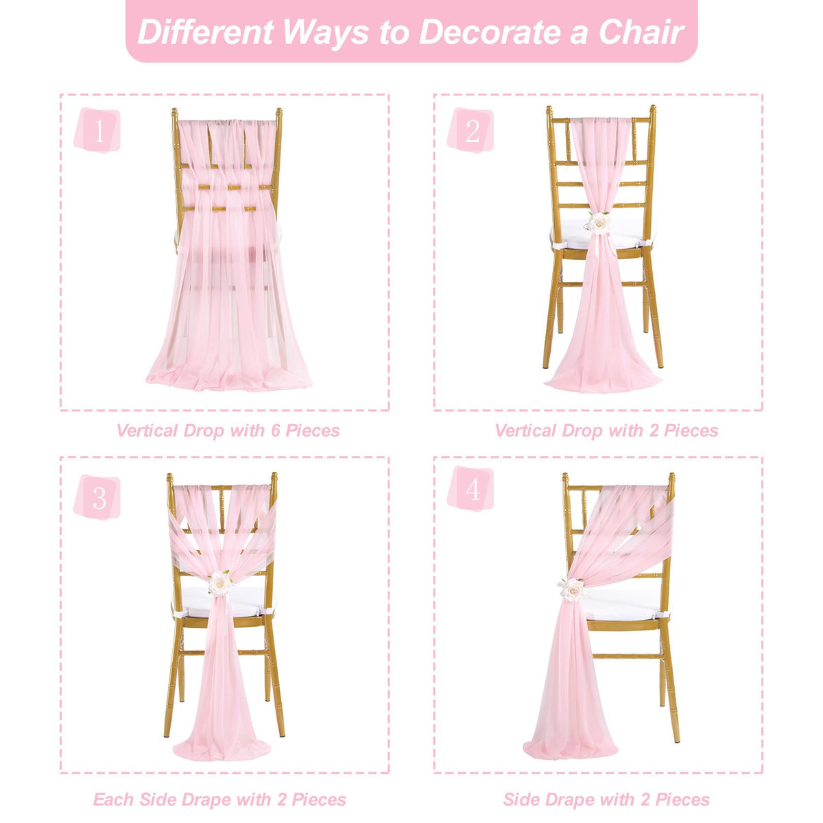 Fanqisi Pink Chair Sashes 16 Pieces 240cm Long Chair Bows Sashes Sheer Tulle Flowy Fabric for Wedding Aisle Chairs Decoration