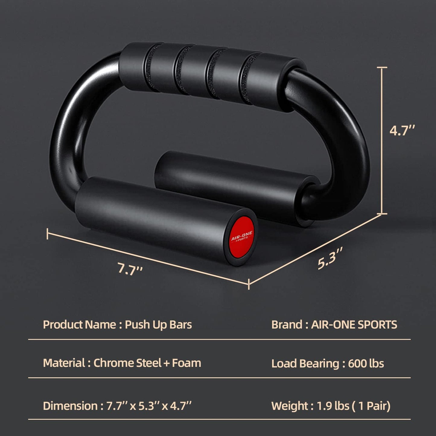 AIR-ONE SPORTS Push Up Bars - 600 lb Capacity, Extra Thick Non-Slip Foam Grips, Heavy Duty, Ideal for Home Gym Strength Training, Suitable for Users Over 200 lbs, Black & Red