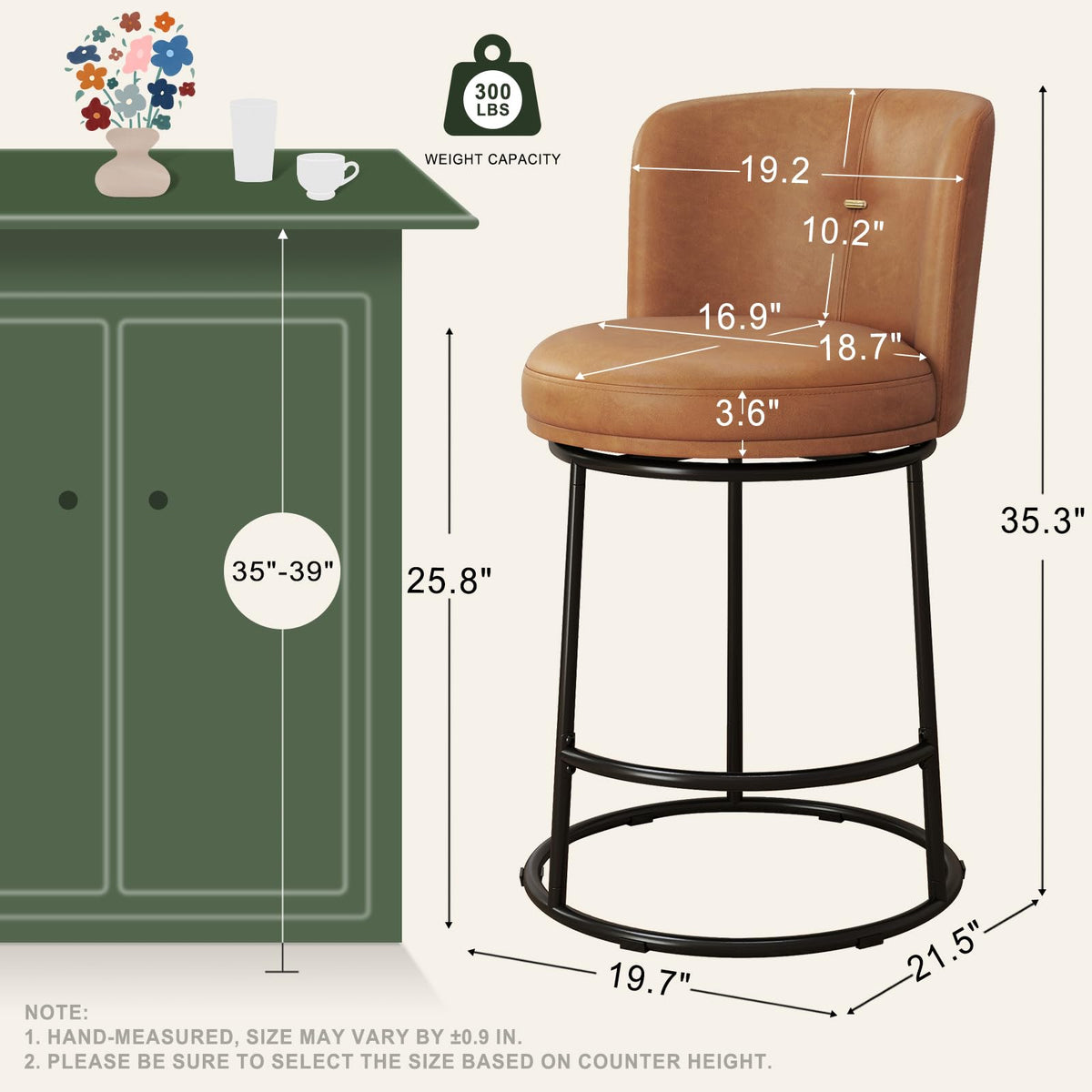 SAECKBERG Swivel Counter Height Bar Stools Set of 4, 26" H Modern Bar Stools for Kitchen Island Counter, Upholstered Barstools with Backs, Counter Height Chairs （Brown, Faux Leather）
