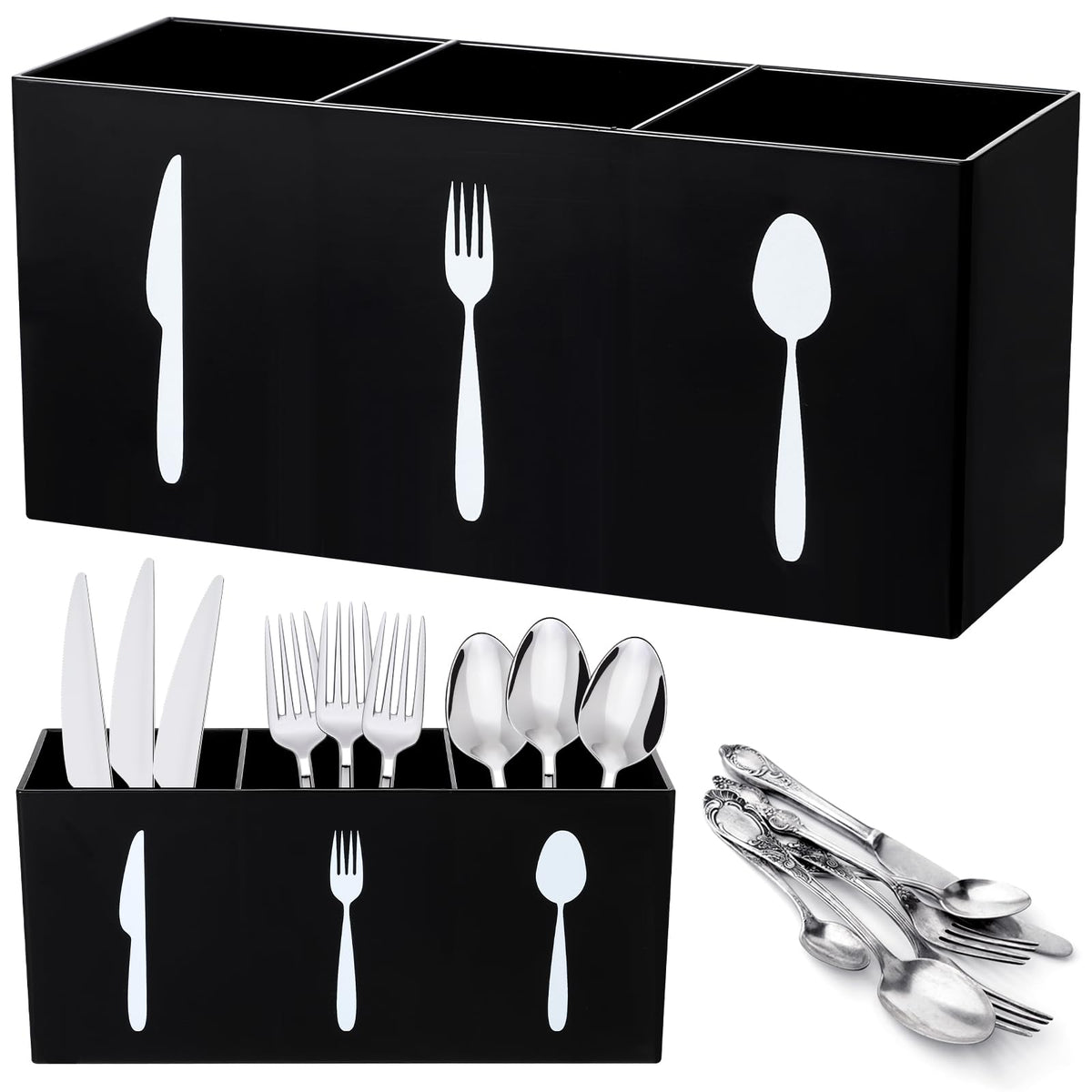 Suzile Acrylic Cutlery Storage Organizer Bin Silverware Caddy Countertop Knife Spoon and Fork Holder Kitchen 3 Section Tableware Storage Box for Cabinet Indoor Home Flatware Dining Room (Black,M)
