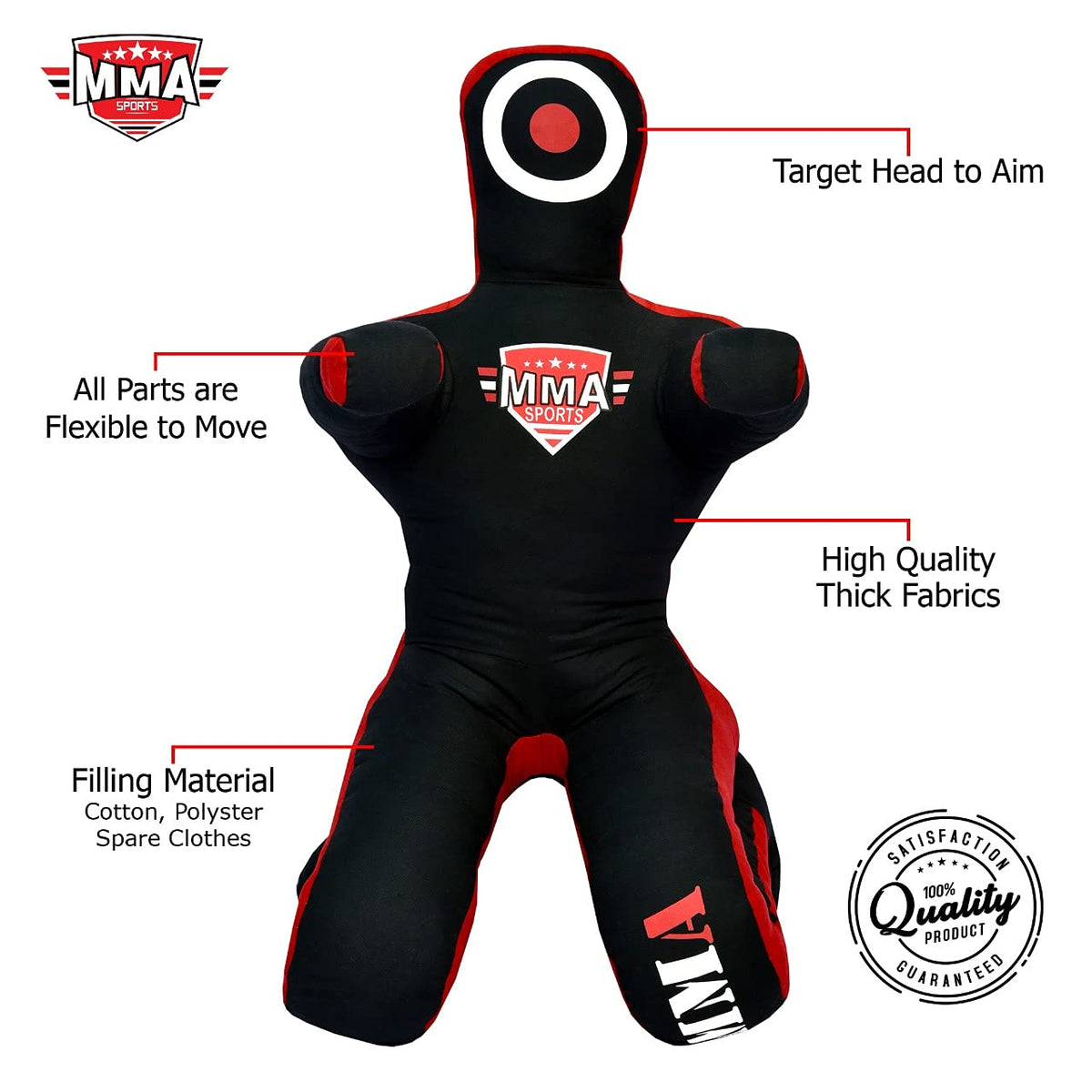 MMA SPORTS Grappling Dummy BJJ Jiu Jitsu Hands Front Judo Punching Bag Wrestling Dummies (Sitting 5 FT / 60 in ) - UNFILLED, Black