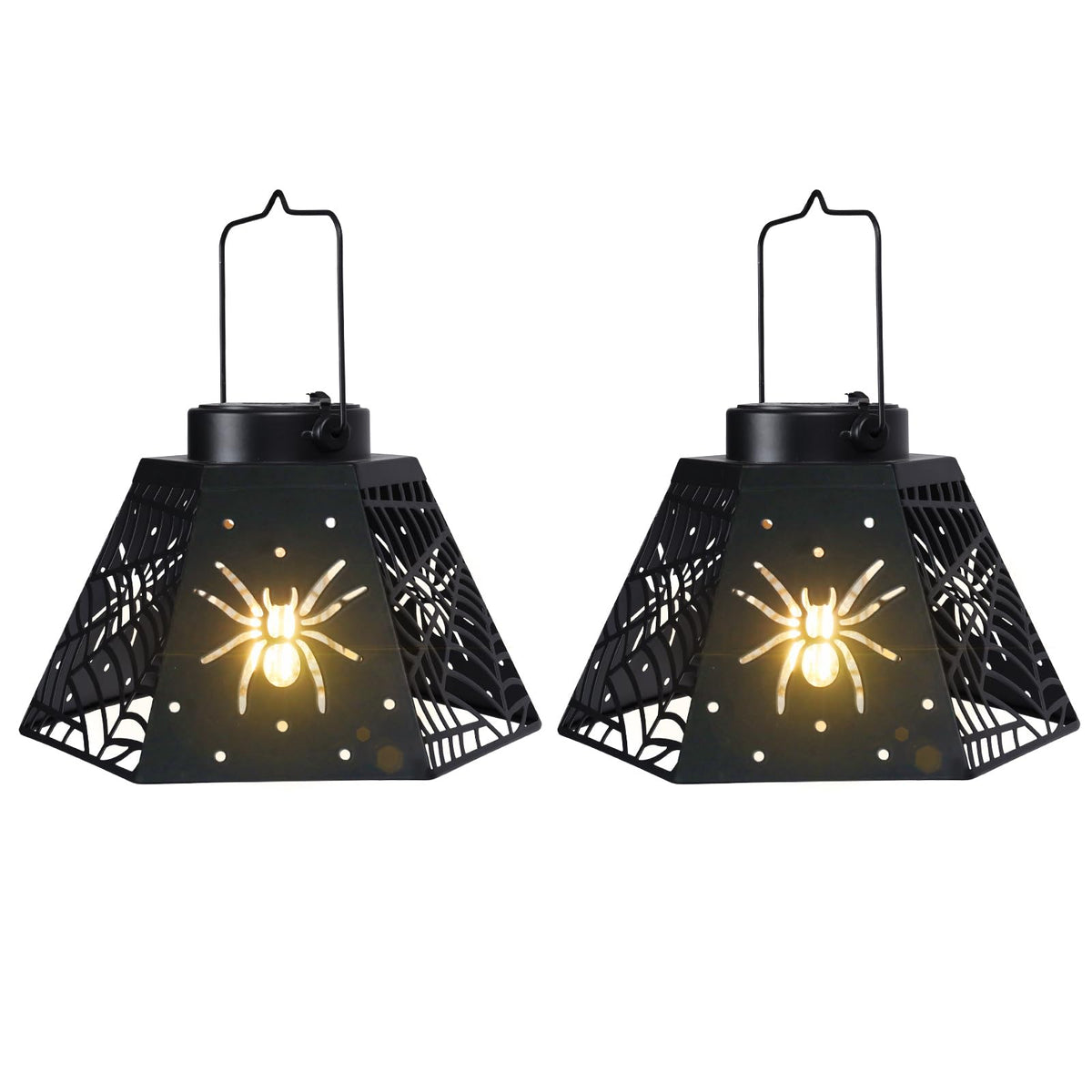 2 Pack Halloween Solar Lantern with Spider Web Design, Outdoor Hanging LED Light for Yard Patio Garden, Waterproof Metal Decorative Lamp for Halloween Decor