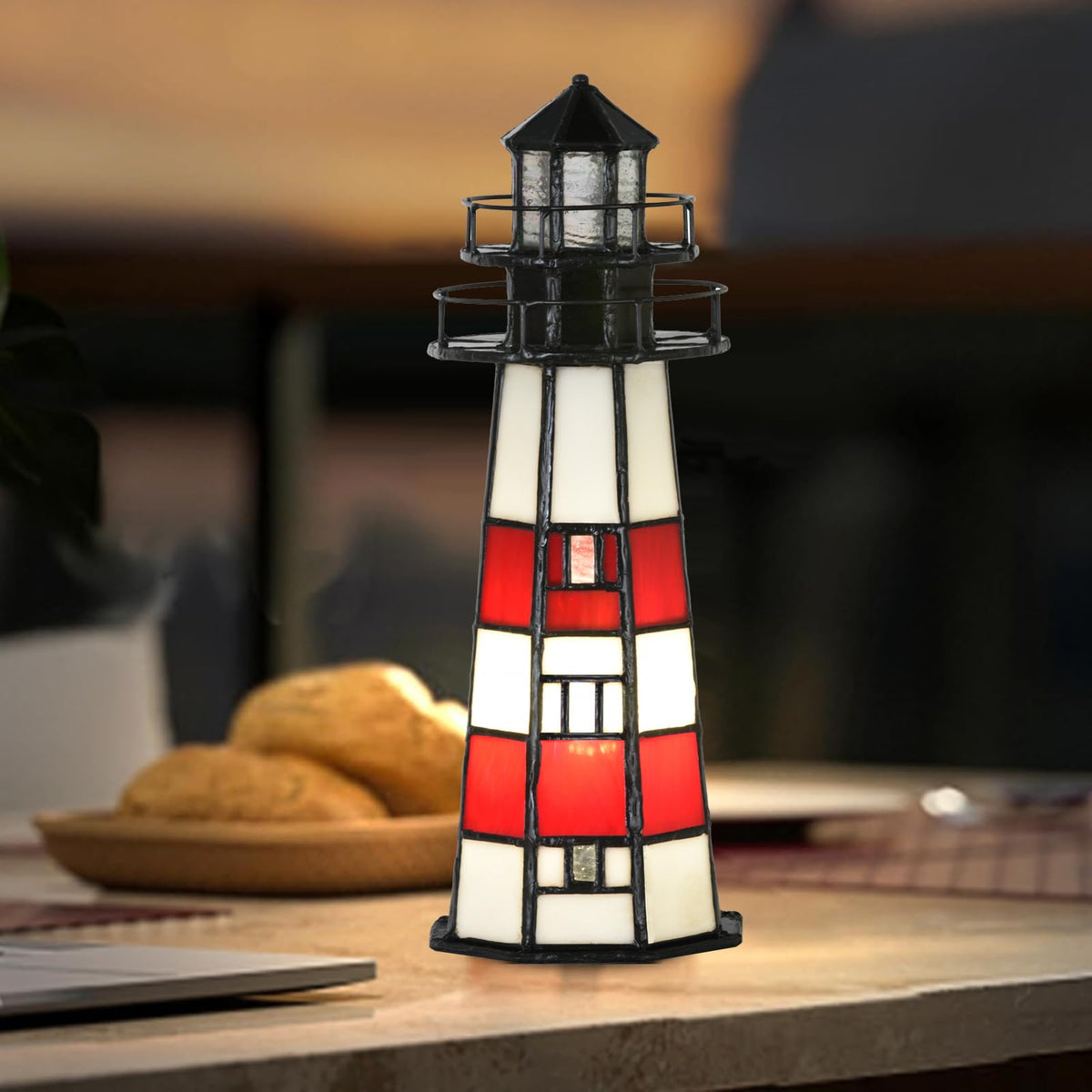 HomeBeauty A0016 Tiffany Lighthouse Lamp Stained Glass Accent Table lamp Night Light for Home Decoration, Bulb Included (RED)