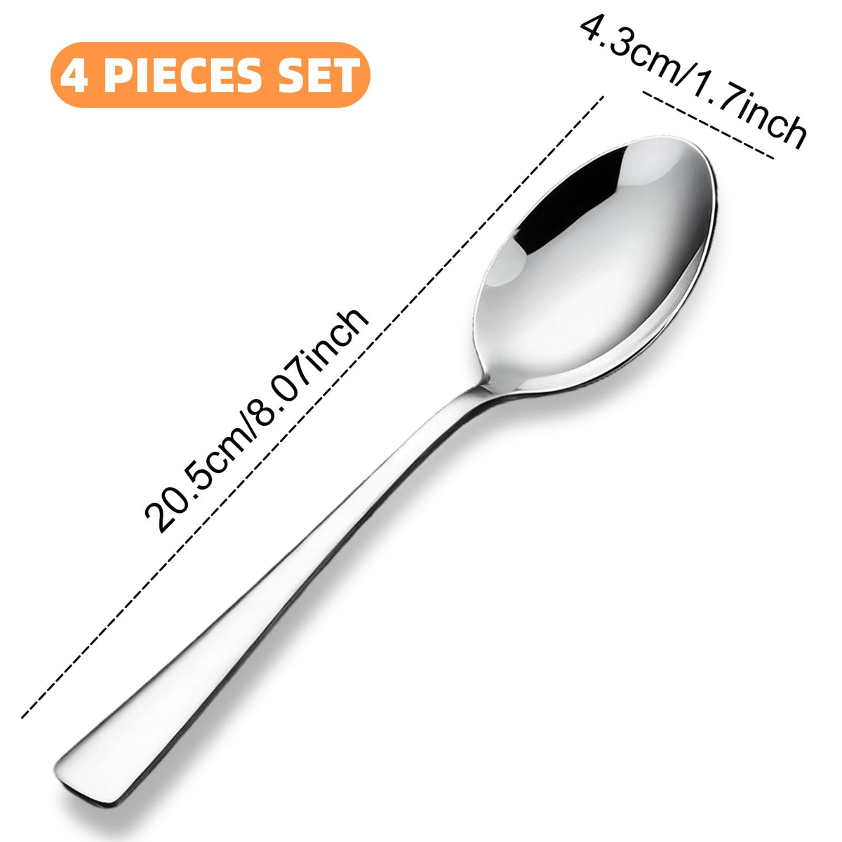 4-Piece Soup Spoons Set, 8.26" Stainless Steel Large Dinner Spoon with 5.5" Long Handle for Soup, Cereal, Dessert, Serving, Dishwasher Safe