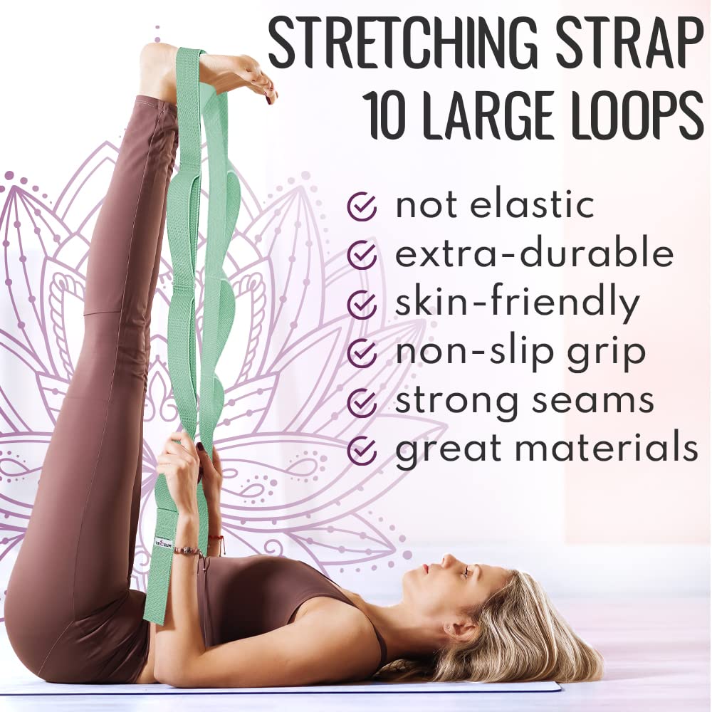 [NEW 2023] TECEUM Yoga Stretching Strap 10 Loops Non-Elastic Strap - Home Workout Stretch Strap for Physical Therapy, Yoga, Pilates plpr 1.5 in LtG