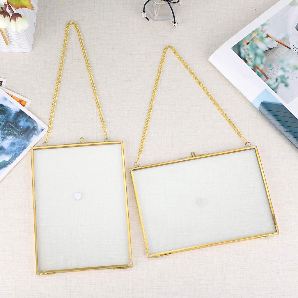 JUXYES Picture Frame, Set of 2 Brass Floater Frame, Golden Glass, 5 x 7 inches, Modern Art Design, Wall Hanging