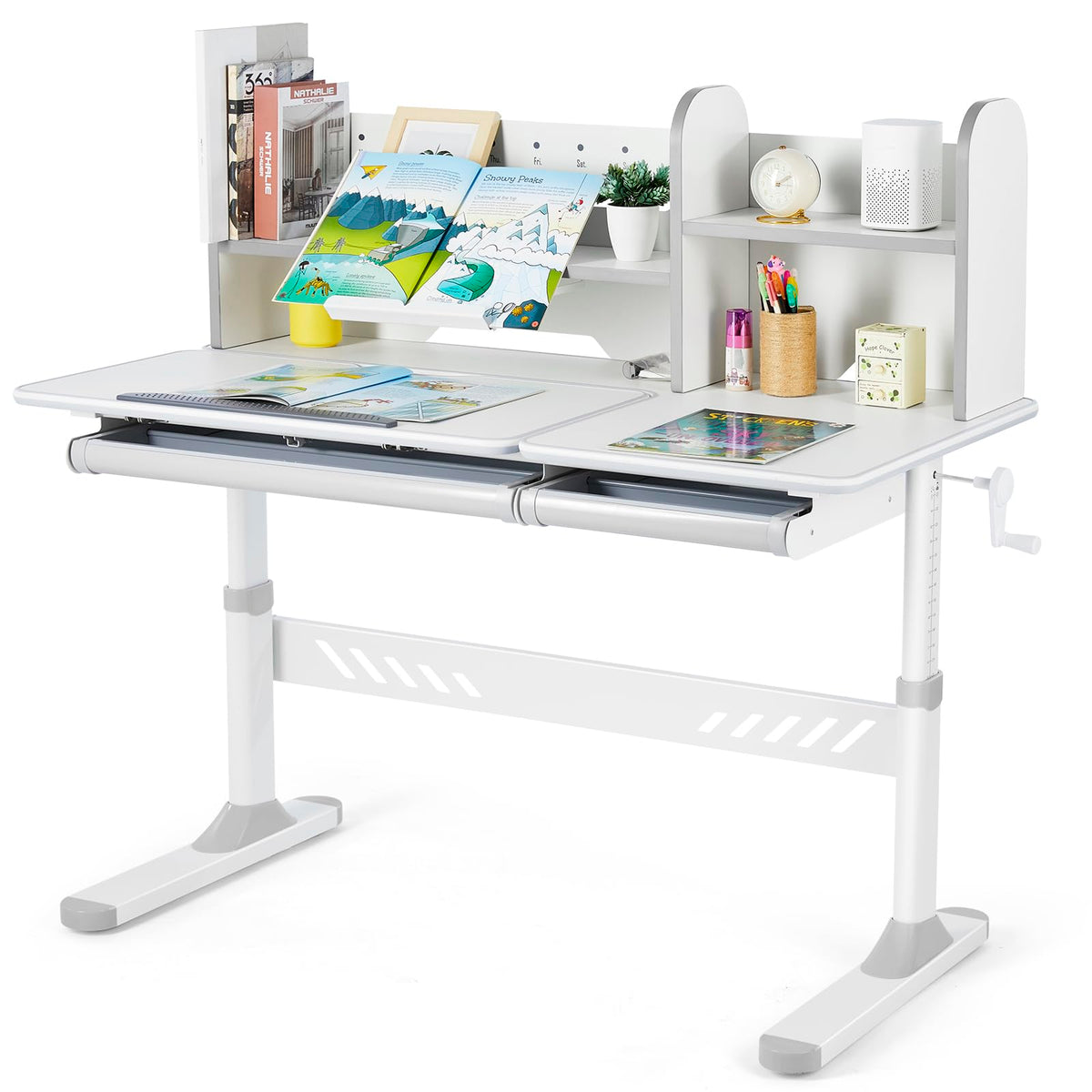 JOYLDIAS Ergonomic Kids Desk with Hutch, 47" Wide Height Adjustable Study Table for Home School, Anti-Hunchback Tilting Desktop for Reading & Drawing, Durable Student Learning Center for Boys & Girls