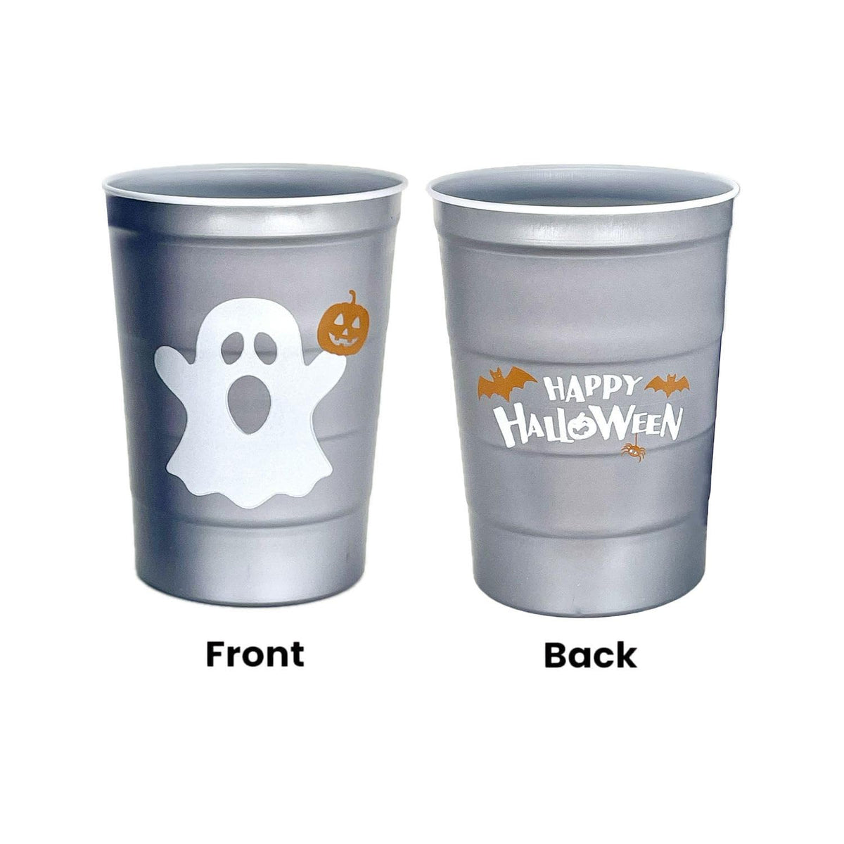 Steel Chill Cups 16 oz. Party Cups 'Happy Halloween' Ghost Design for Cold Drinks, Durable, Disposable, Recyclable, Made in USA, Gray, 12 Count