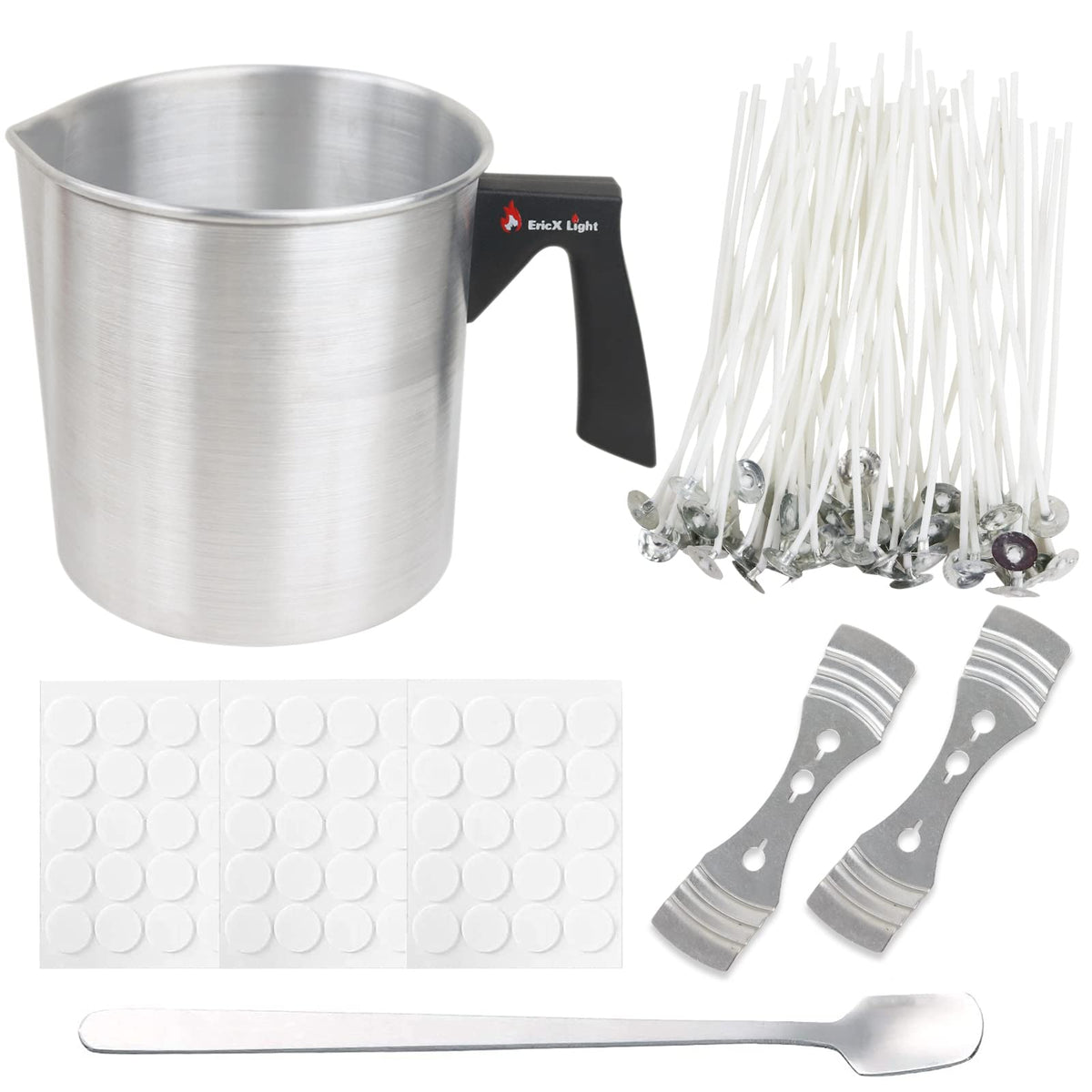 EricX Light Candle Making Kit, 60pcs Candle Wicks, 60pcs Candle Wicks Sticker, 1pc Candle Wax Pouring Pot, 2pcs 3-Hole Wicks Centering Devices, 1pc Mixing Spoon, DIY Candles Craft Tools