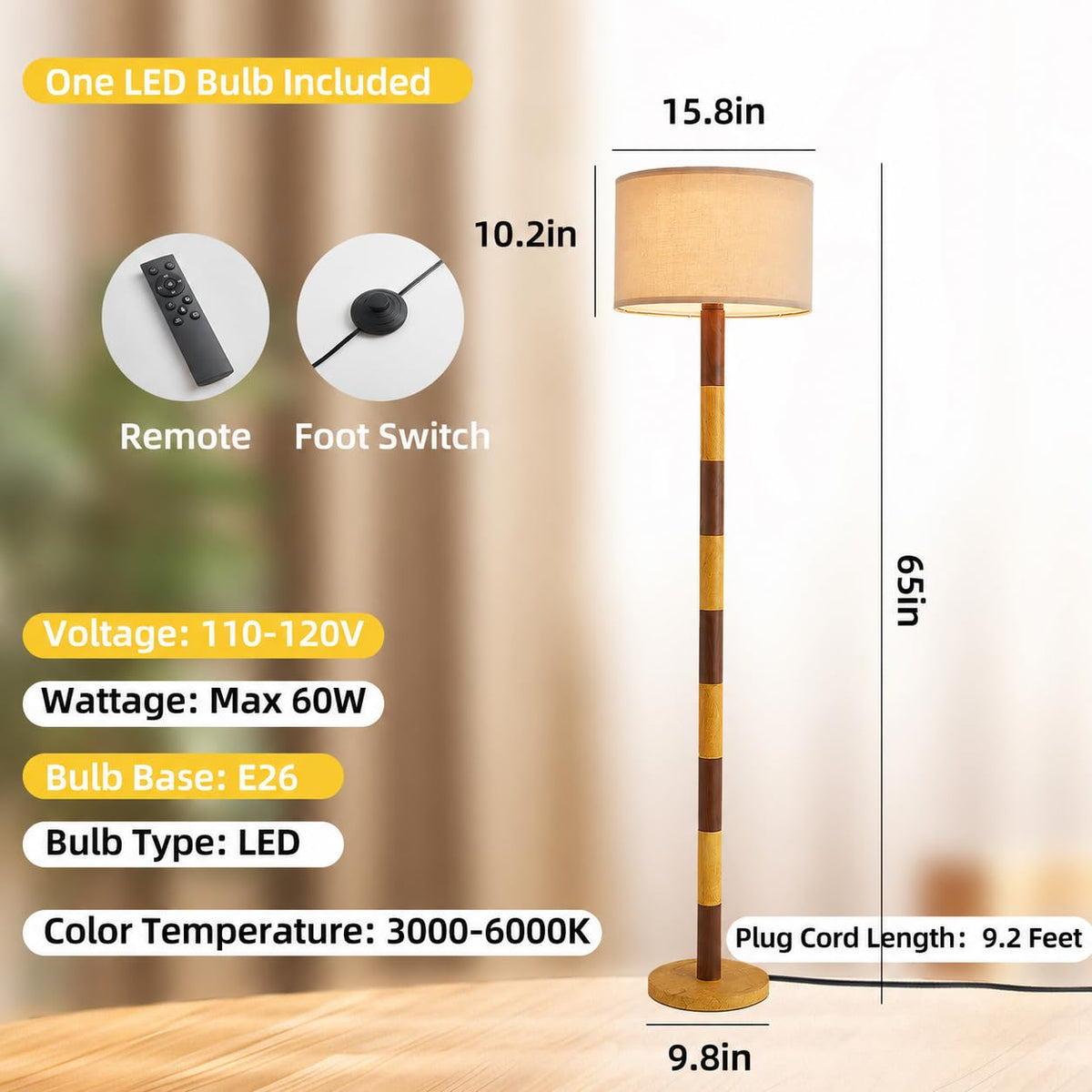 CozyCanyon 65" Wood Pattern Floor Lamp for Living Room, Dimmable Standing Lamp with Remote and Foot Switch, Rustic Tall Floor Lamp Linen Shade for Bedroom, Corner, Living Room, Home Decor.