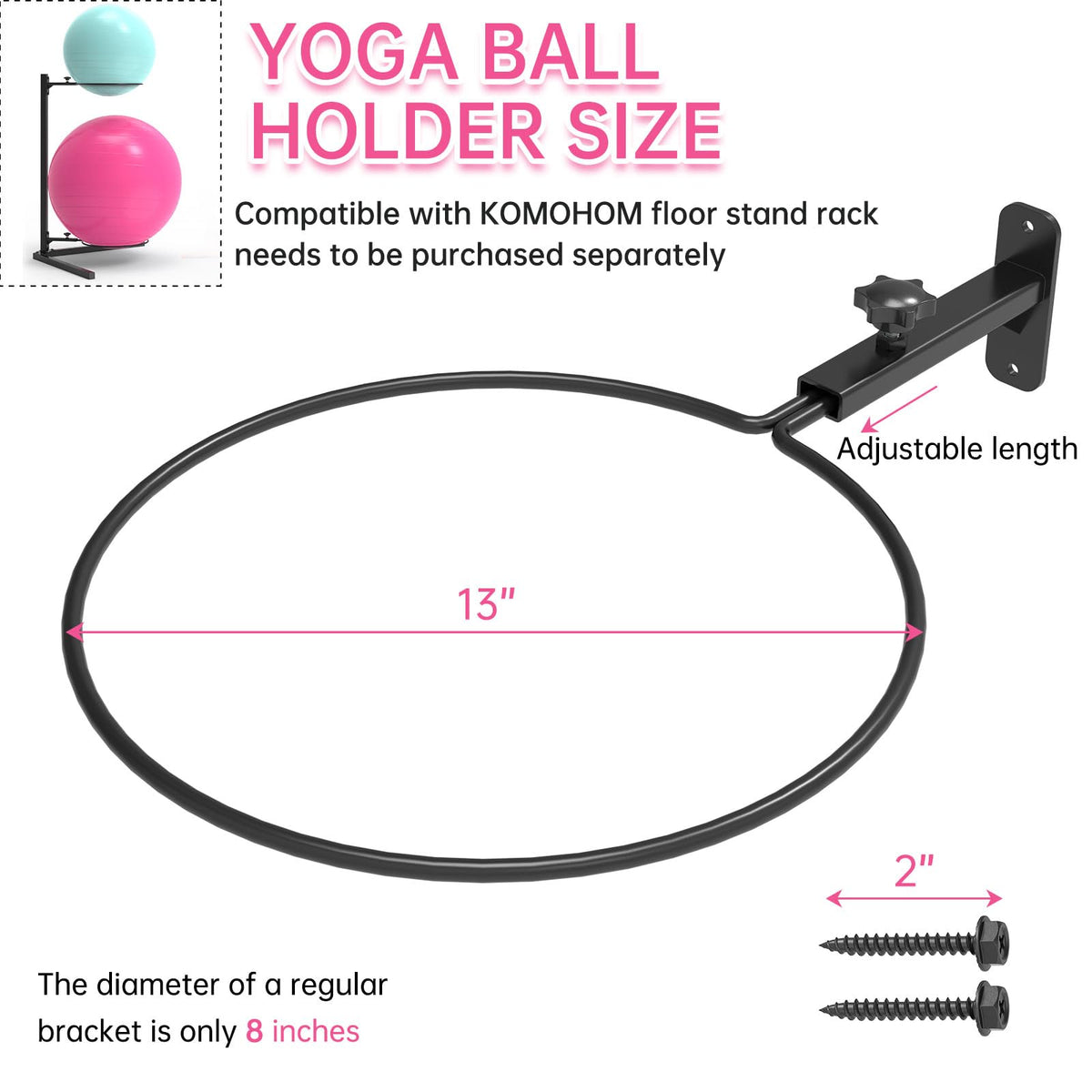 KOMOHOM Universal Wall-Mounted Exercise Ball Holder, Adjustable Yoga Ball Storage Rack for 14 to 30 Inch Stability Balls, Heavy-Duty Metal with 12-Inch Diameter Ring, Space-Saving Design
