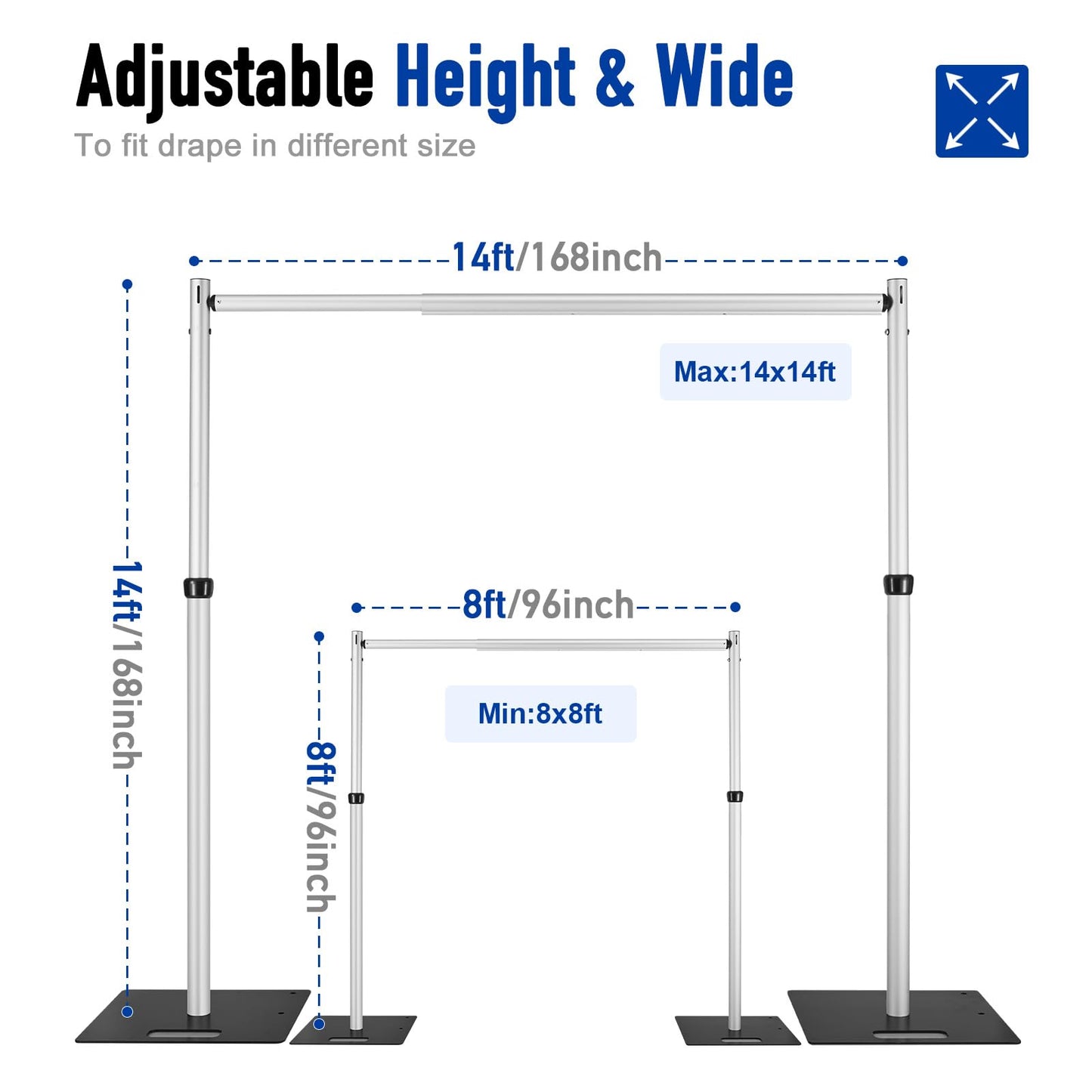 Heics 14x14ft Heavy Duty Backdrop Stand, Pipe and Drape Stand, Balloon Arch Stand, Banner Stand for Wedding Decor, Party Decorations, Baby Shower Backdrop, Sturdy Event Party Supplies