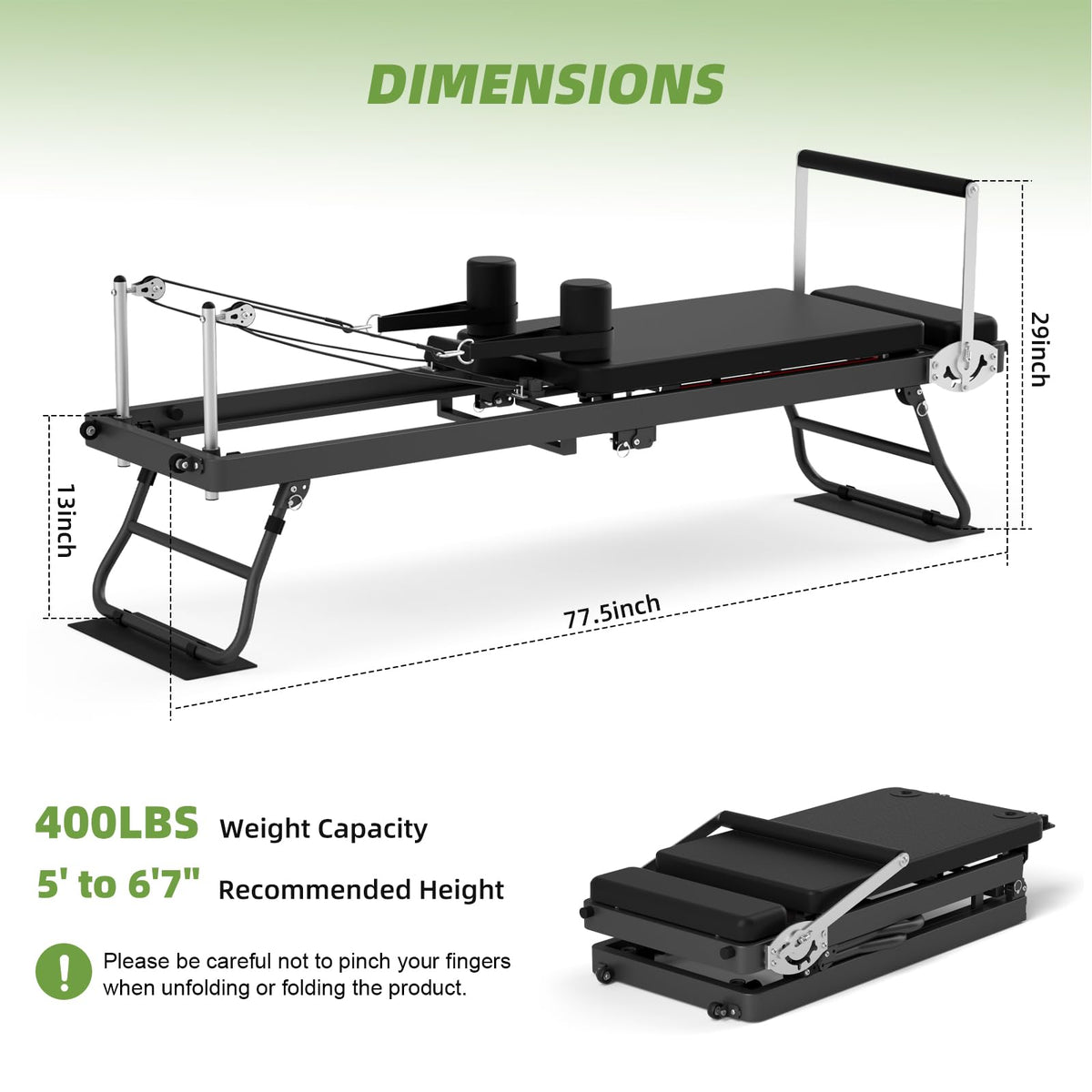 Foldable Pilates Reformer Machine for Home Gym, 77.5'' Pilates Reformer Bed with 5 Adjustable Resistance Bands, Upgraded Rope Adjuster System Supports 400lbs, Professional Pilates Equipment