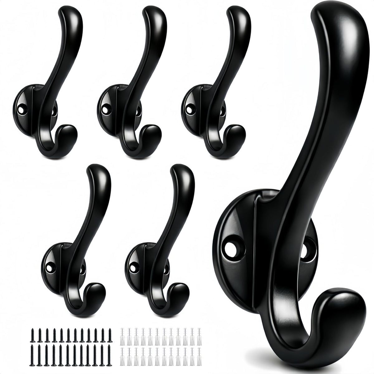 Sprinello 6 Pack Coat Hooks Wall Mount, Heavy Duty Wall Hooks for Hanging Coats, Towel, Hat and Robe, Black Metal Wall Hooks for Bathroom, Entryway, Bedroom
