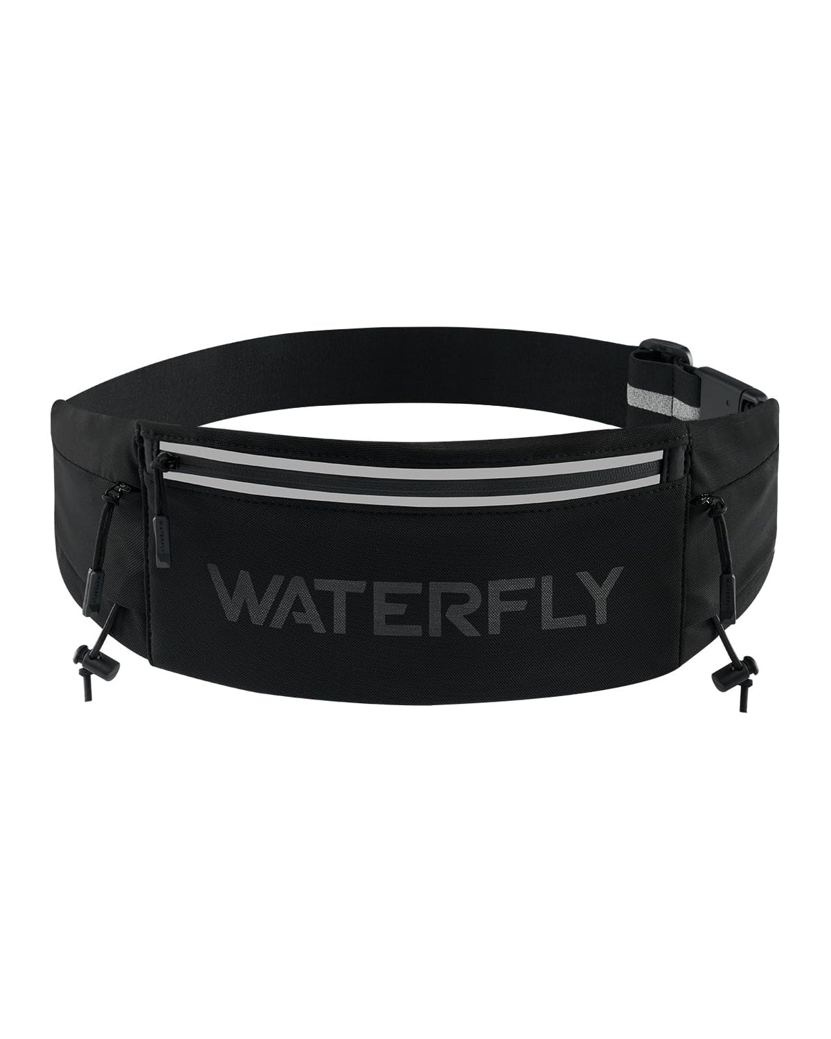 WATERFLY Running Belt Fanny Pack: Breathable 3 Pocket Waist Bag for Men Women Workout Exercise Fitness Phone Holder Fits All Phones - Runner Marathon Jogging Race Belt with Bib Clip Black