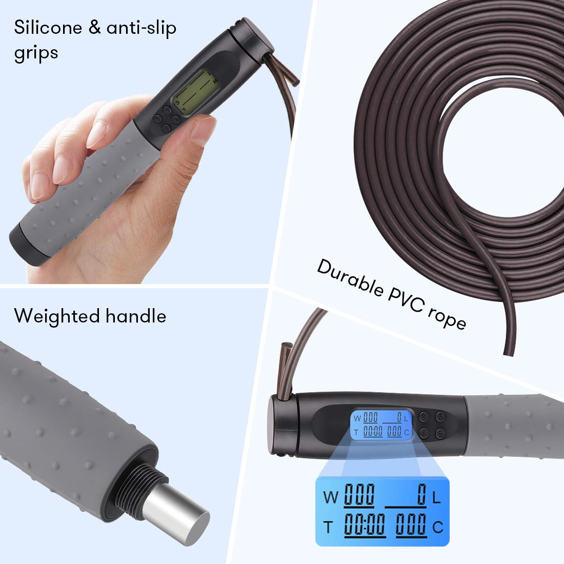 Te-Rich Weighted Skipping/Jumping Rope with Counter for Men Women Kids Fitness Exercise Training - Heavy Handles, Adjustable Length - Cordless