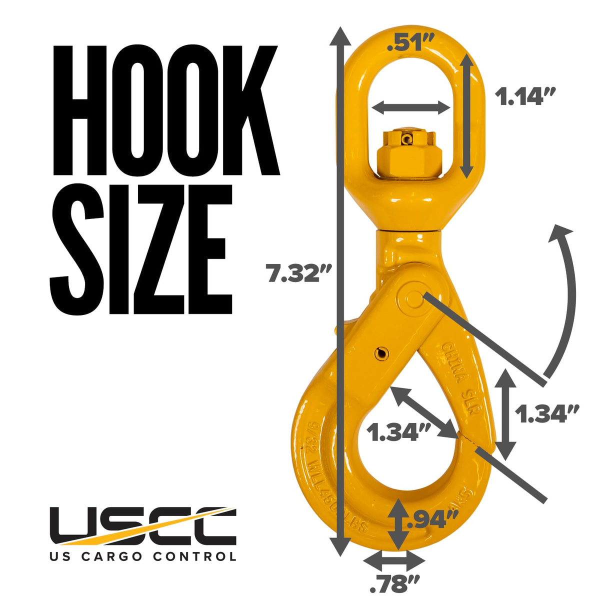 US Cargo Control 9/32 Inch Swivel Self-Locking Hooks (4-Pack), G80 Chain Hooks, 4,500 LBS Working Load Limit, Heavy Duty Swivel Hooks for Lifting Jobs, Load Binding Applications, & Trailers