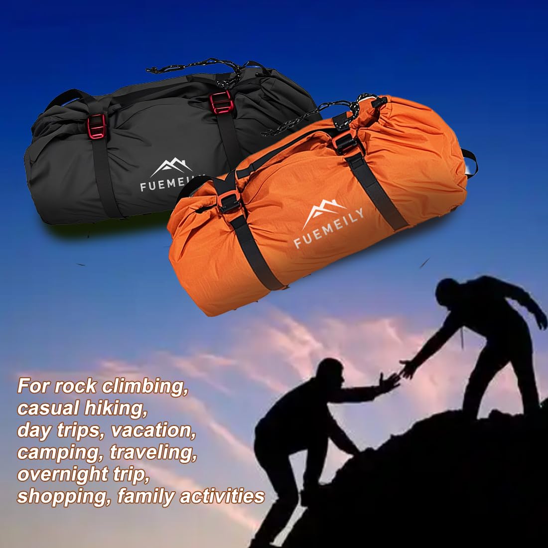 FUEMEILY Rock Climbing Rope Bag, Large Capacity Folding Rope Storage Backpack with Ground Sheet, Adjustable Straps Outdoor Climbing Gears Orange