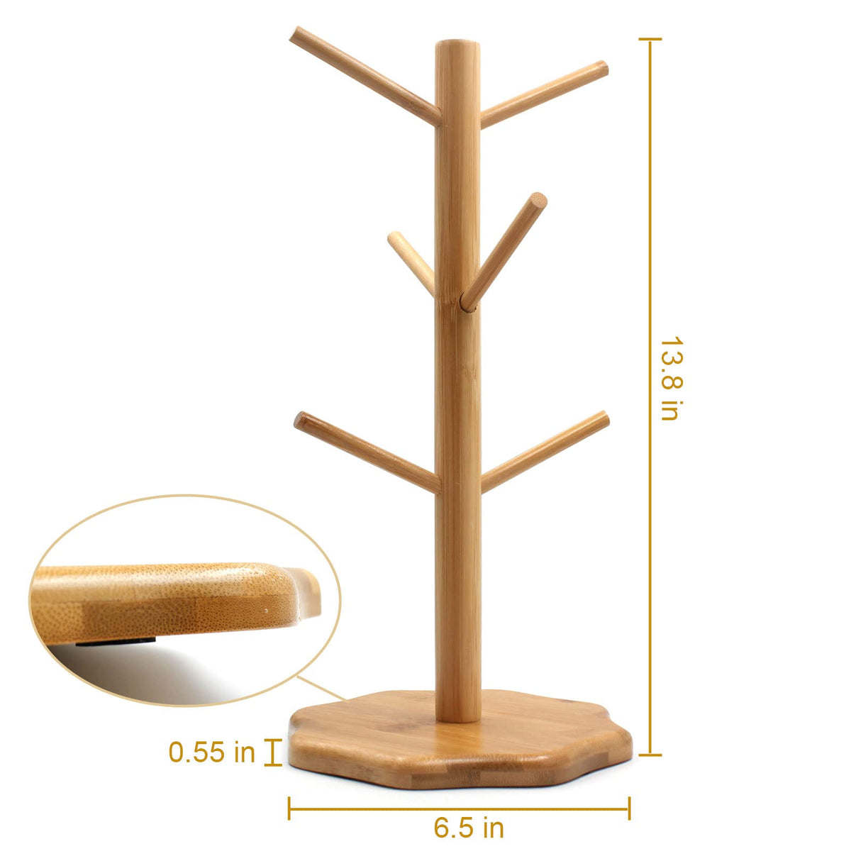 Gihunk Bamboo Countertop Mug Tree Stand with 6 Hooks, Octagon Base Coffee Cup Tree