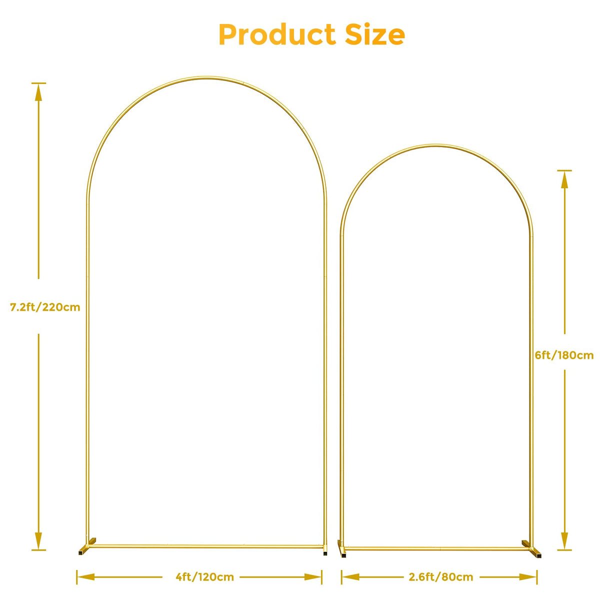 Metal Arch Backdrop Stand, 7.2FT+6FT Wedding Arch Frame, Gold Wedding Arch Backdrop Stand Set of 2, Balloon Arch Backdrop for Wedding Birthday Party Baby Shower Graduation Ceremony Decor